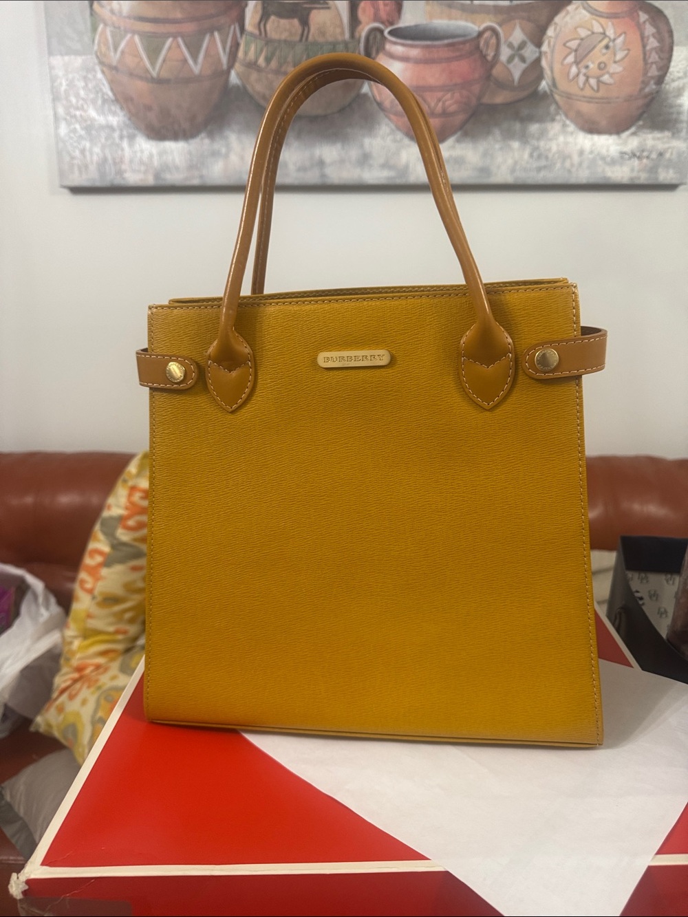 Burberry Mustard Yellow with Tan Leather Handle Tote